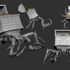 Robotic spider creatures holding treasure chests on dark backdrop