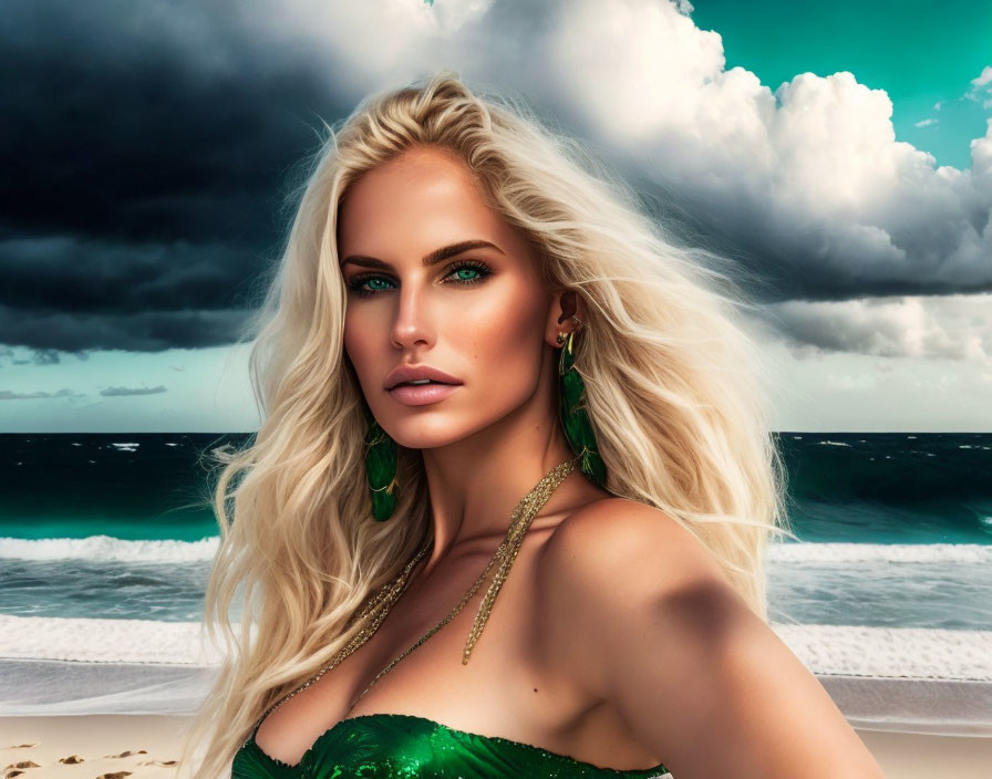 Blonde Woman with Green Eyes in Sequined Dress on Stormy Beach