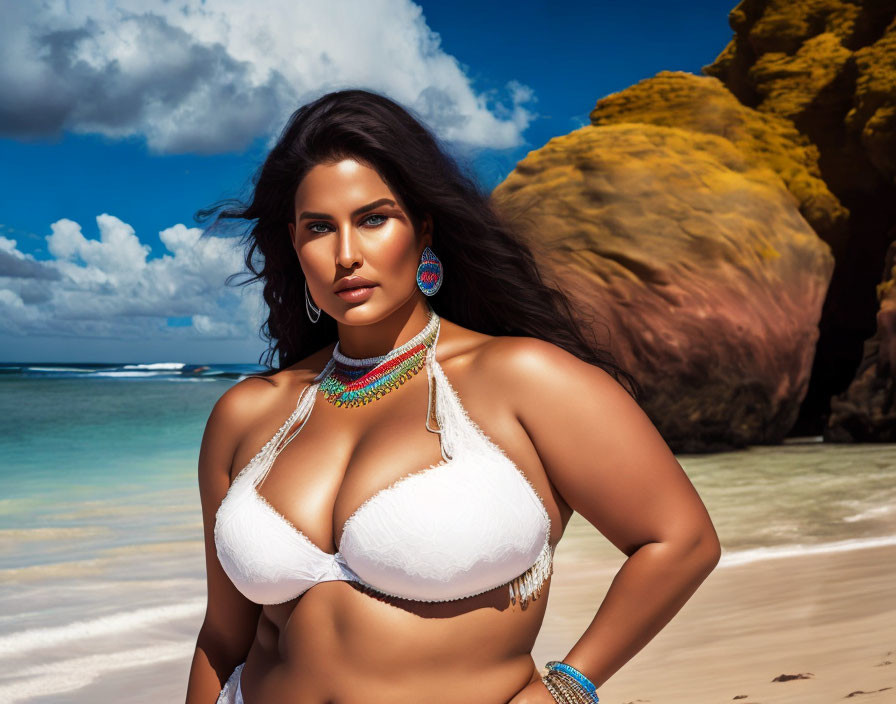 Woman in White Bikini on Beach with Rocks and Blue Sky