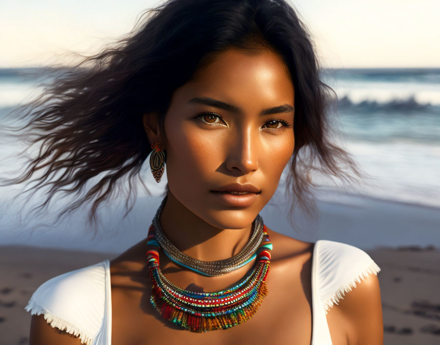 Woman with Tanned Skin and Beaded Jewelry on Beach