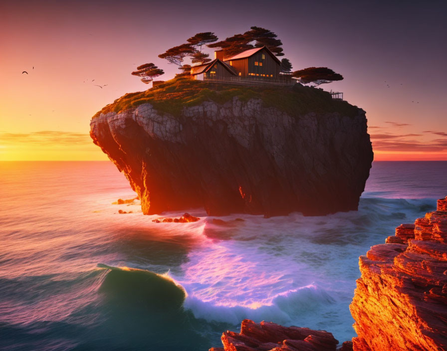 House on Steep Rock by Sea at Sunset with Birds and Waves