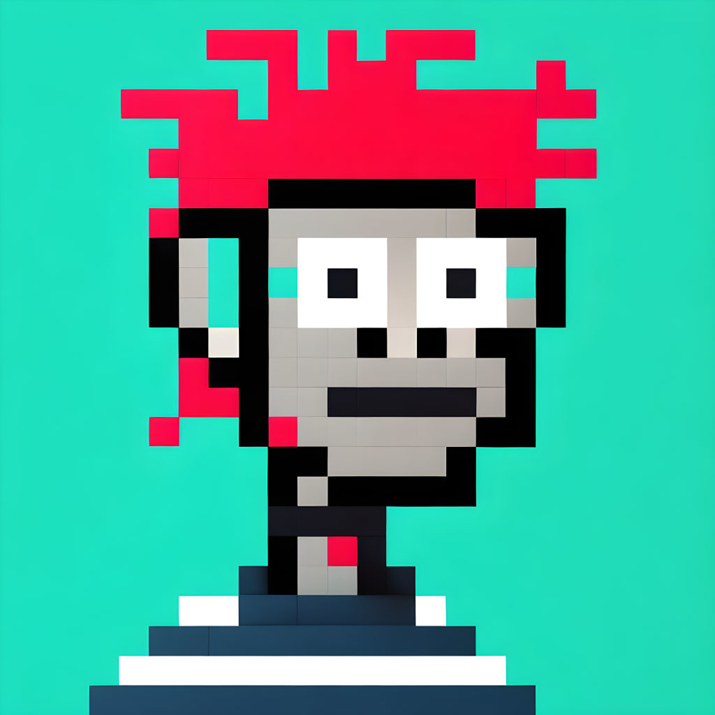 Red-haired character with white eyes in pixel art on turquoise background