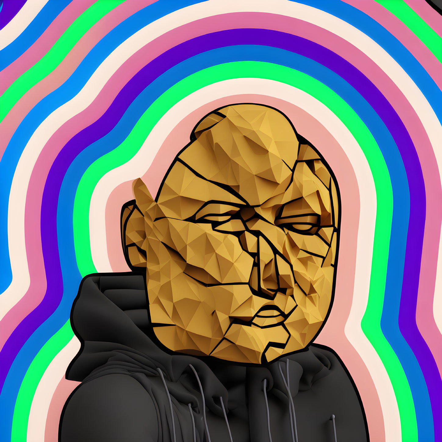 Low-Poly Style Portrait of Person in Hoodie on Multicolored Ring Background