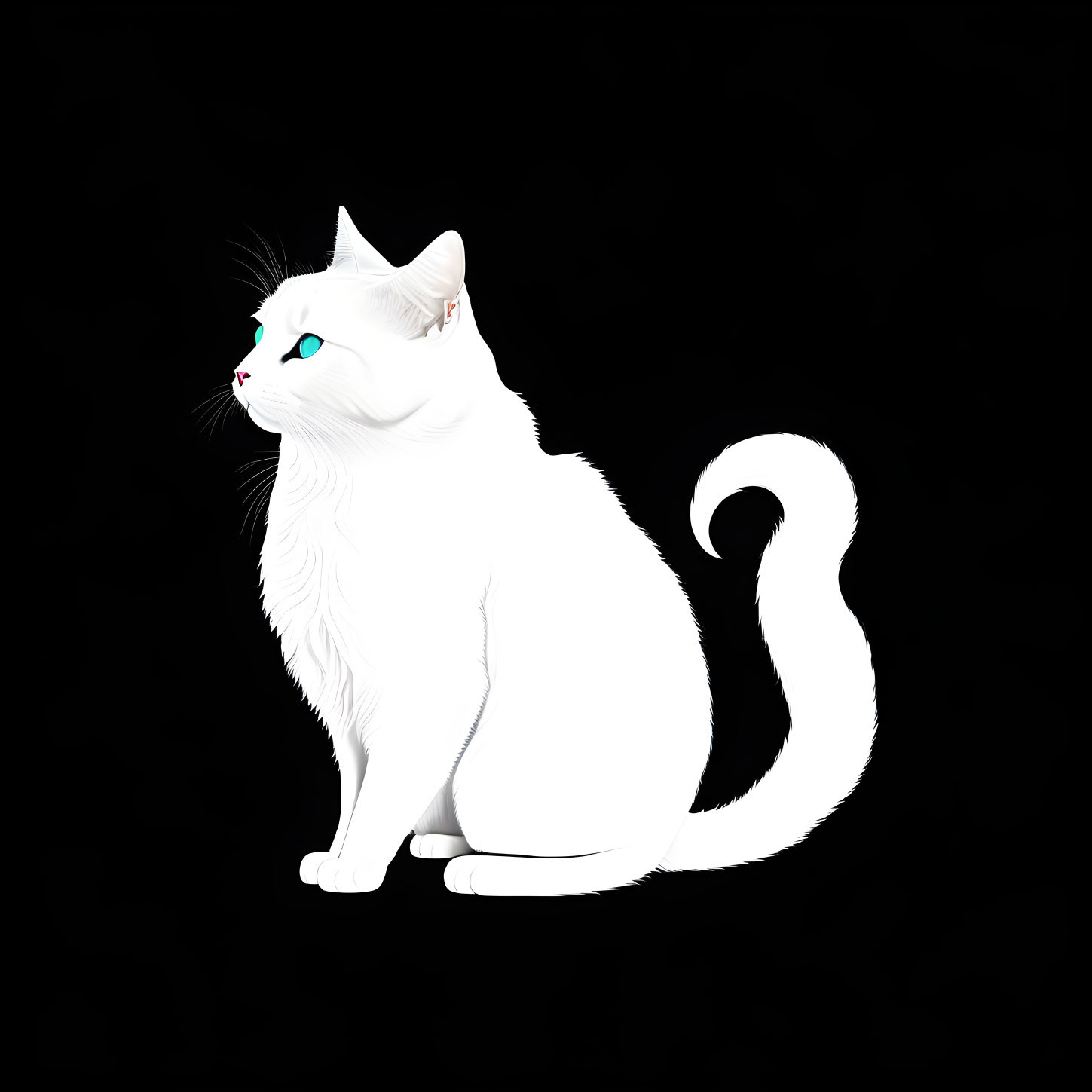 White Cat with Blue Eyes and Fluffy Tail on Black Background