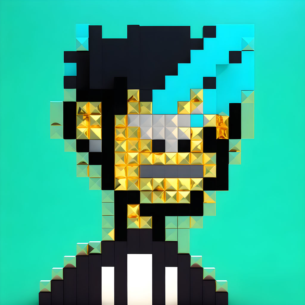 Pixelated teal puzzle character on black, white, and gold geometric background