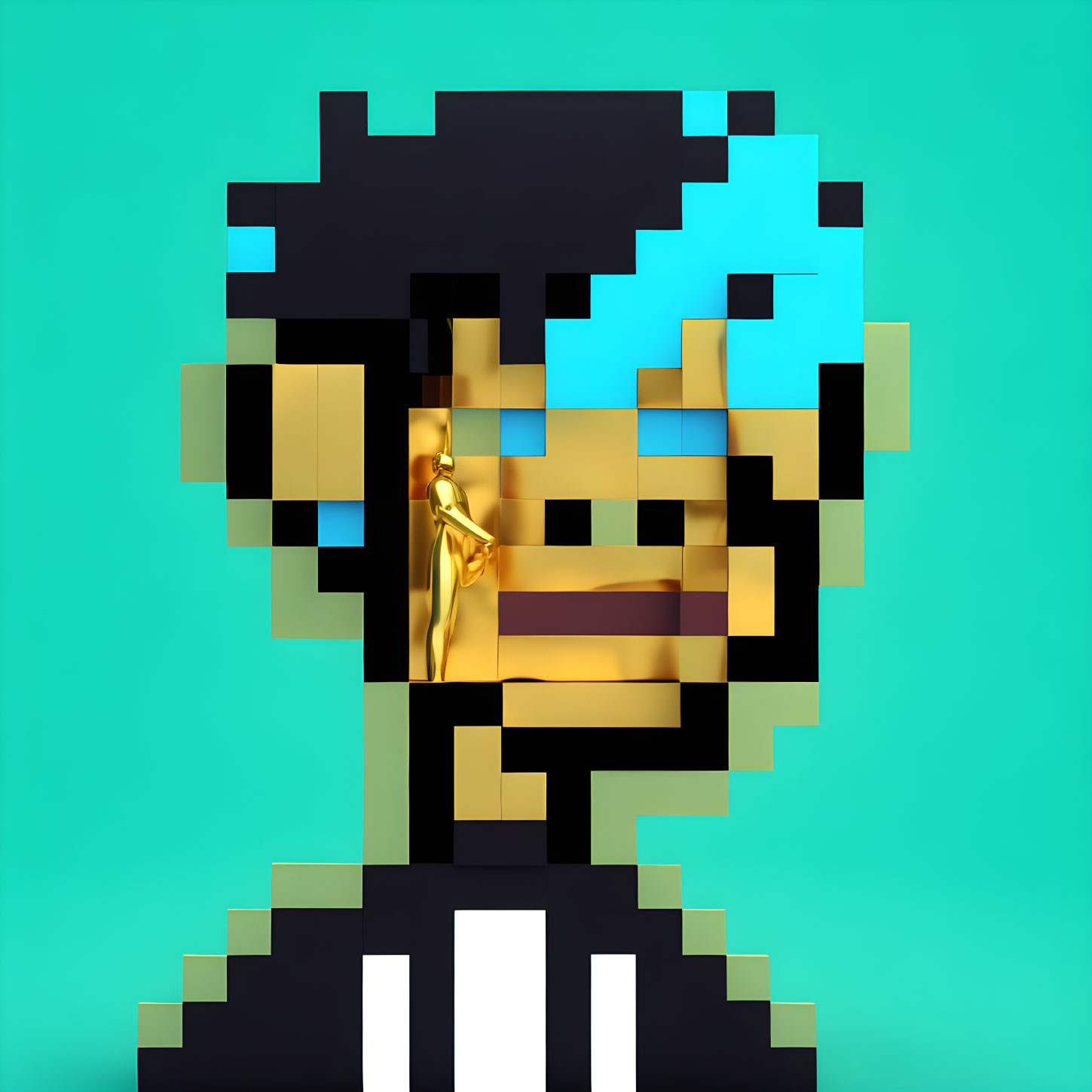 Pixelated Character with Blue Hair and Gold Face Details on Turquoise Background