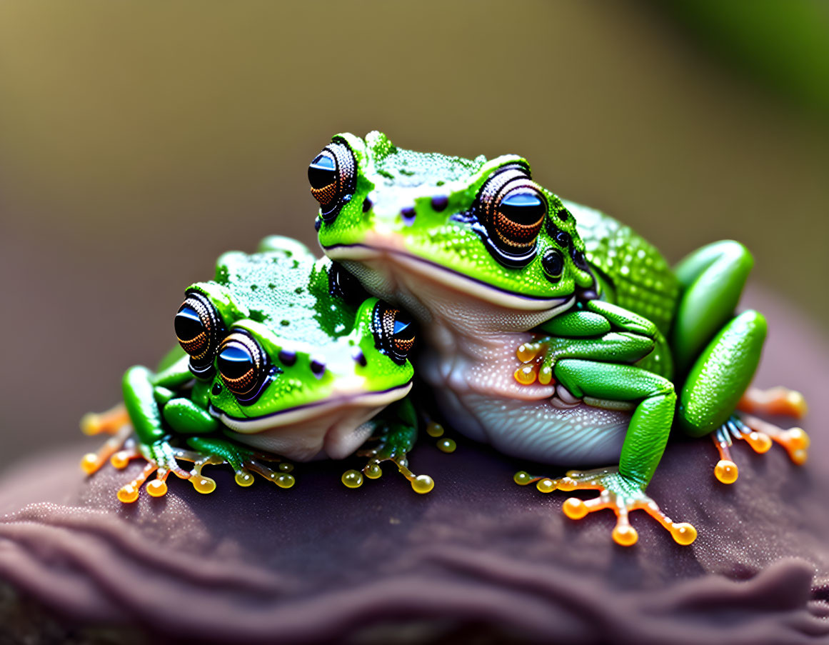 Vibrant green frogs with black and white eyes and orange feet on brown surface