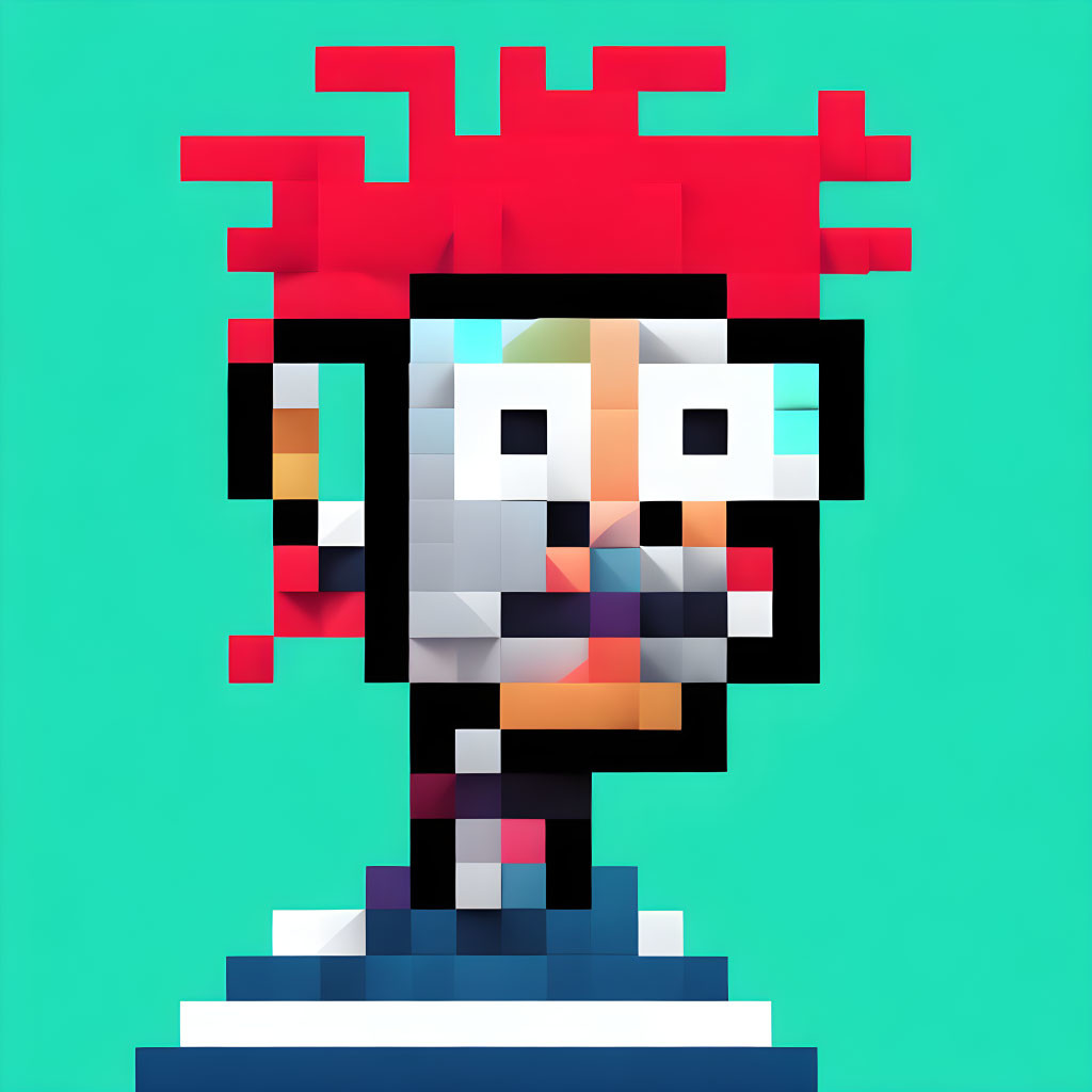 Exaggerated facial features pixel art bust with red hair on teal background