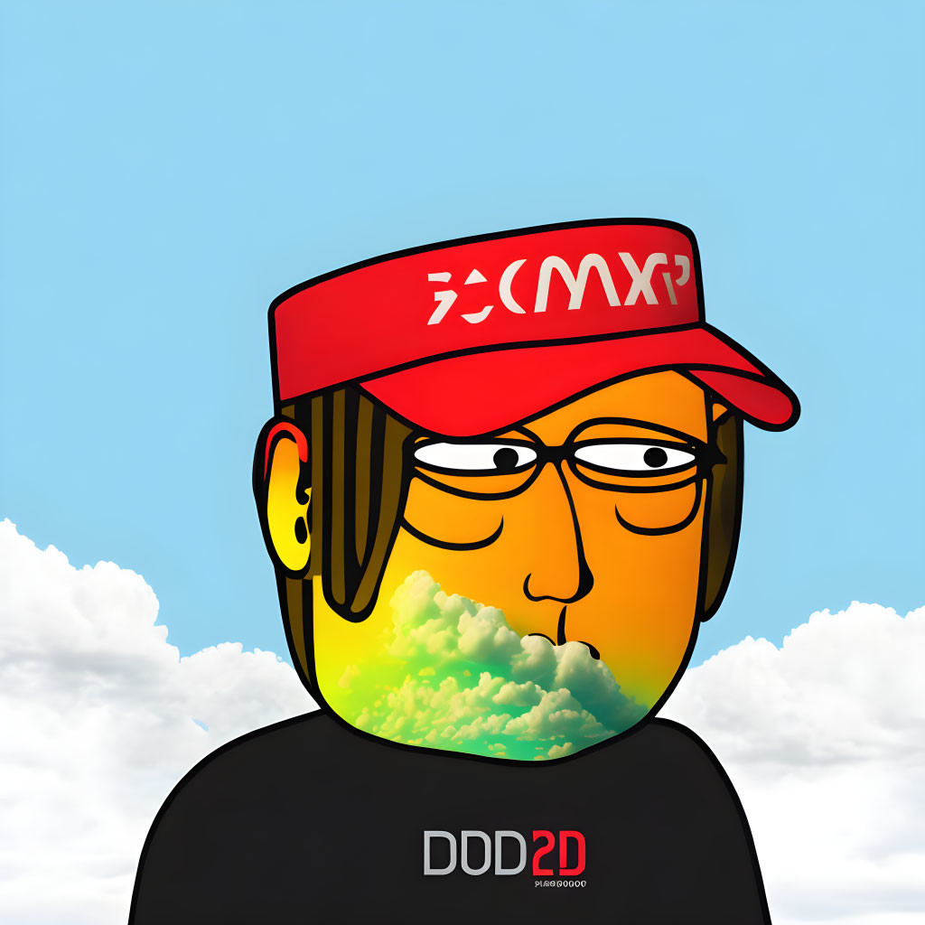 Character with red cap, glasses, black shirt, and cloud beard on blue sky.