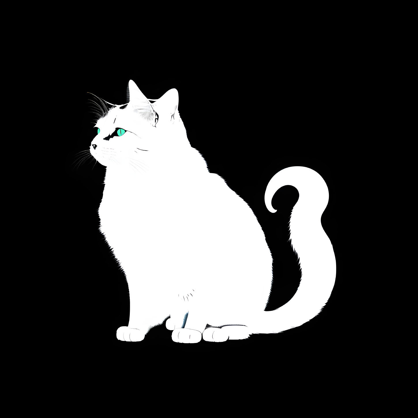 White Cat with Green Eyes and Curled Tail on Black Background