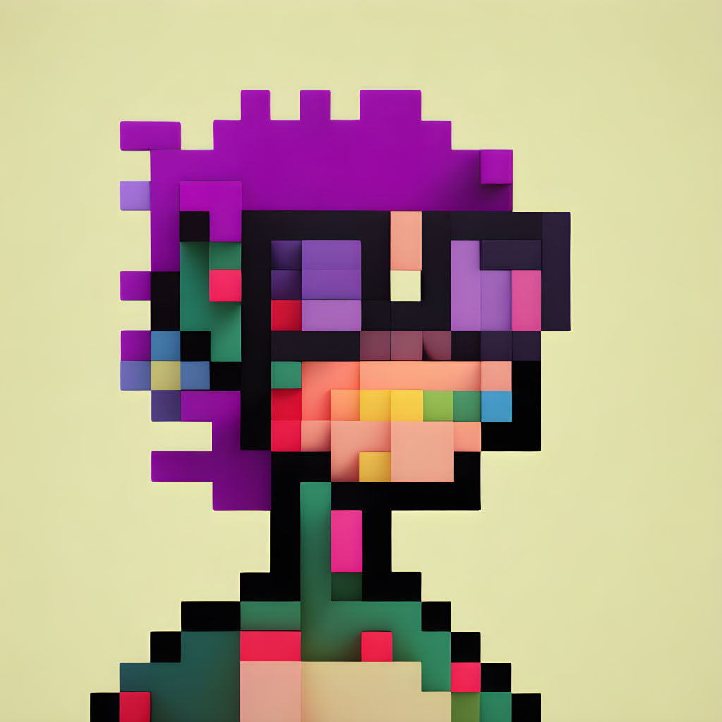 Stylized 3D pixel art: purple-haired figure with sunglasses on colorful blocky design on