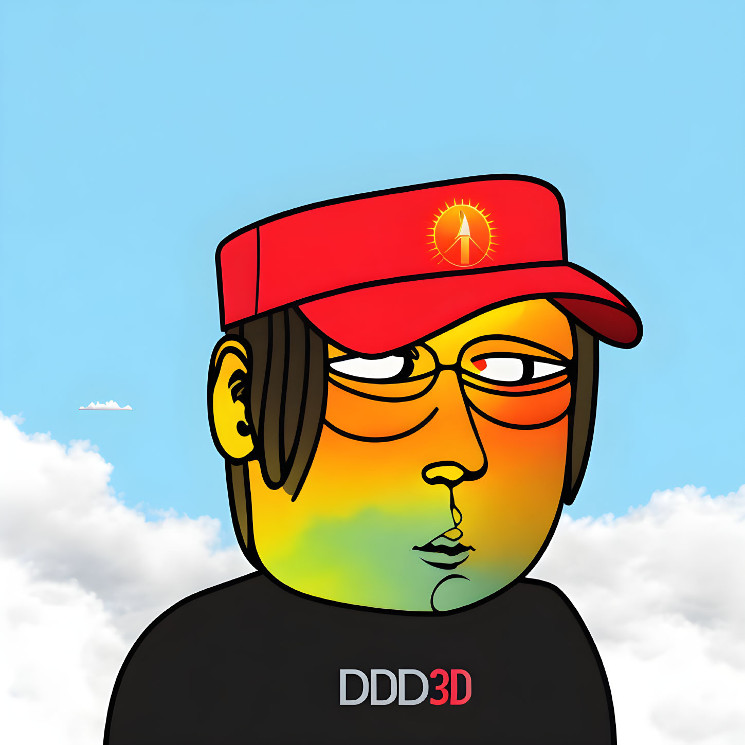 Colorful person with red cap and sunglasses under blue sky.