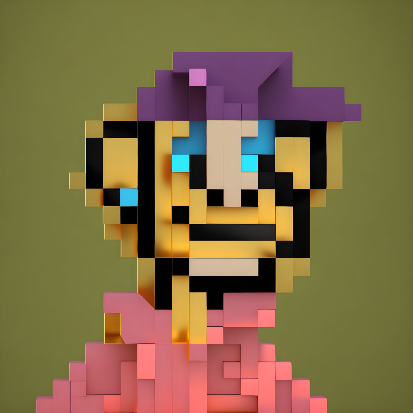 Stylized 3D pixel art character with blue eyes, purple hat, pink shirt on green