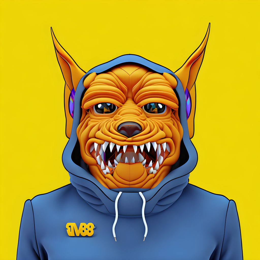 Stylized illustration of fierce dog in hoodie and headphones on yellow background