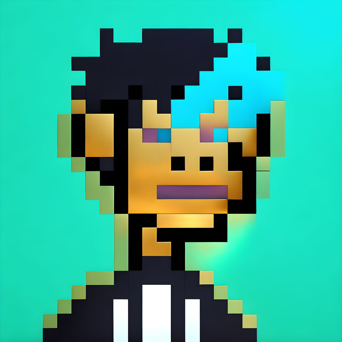 Pixelated character with black hair, blue streak, yellow skin, smiling face in black and white outfit