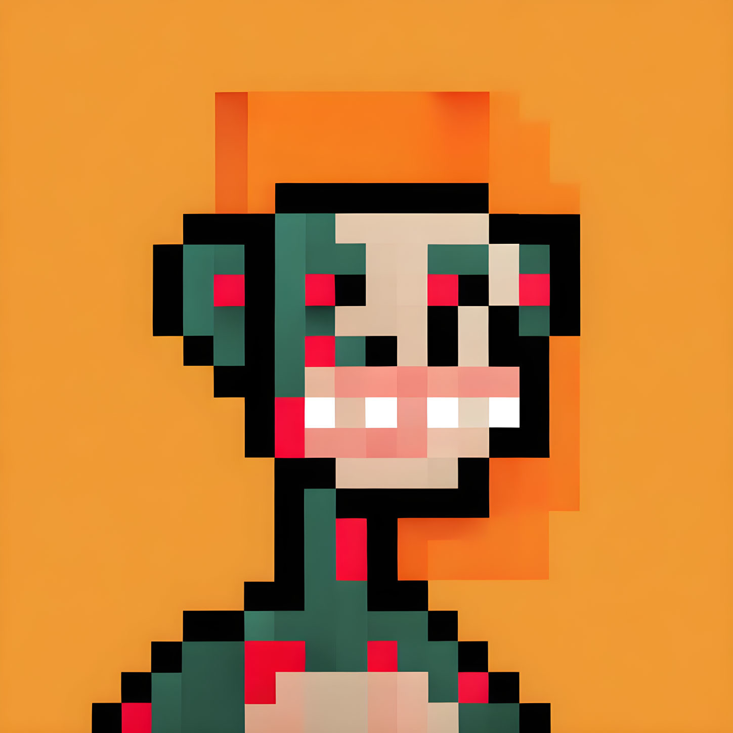 Character with Black Hair, Red Accessories, Green Attire on Orange Background