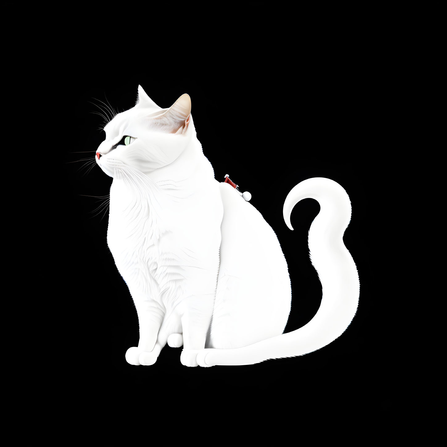 White Cat with Red Collar Against Black Background