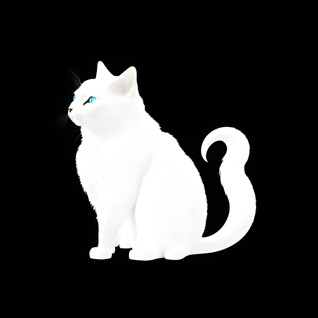 White Cat with Blue Eyes and Fluffy Tail Against Black Background