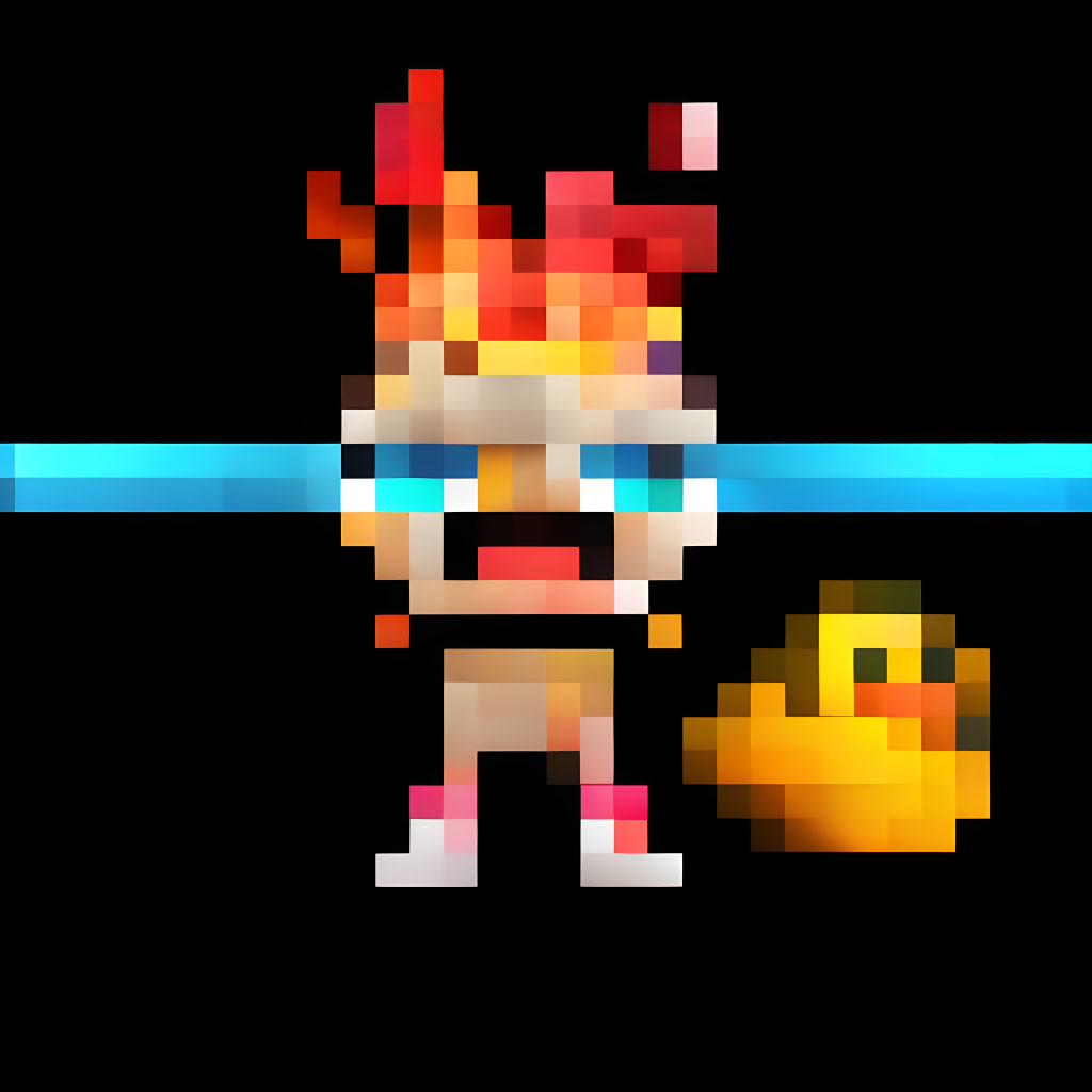 Pixelated character with flaming hair and sunglasses next to a small yellow duck on black background with blue stripe