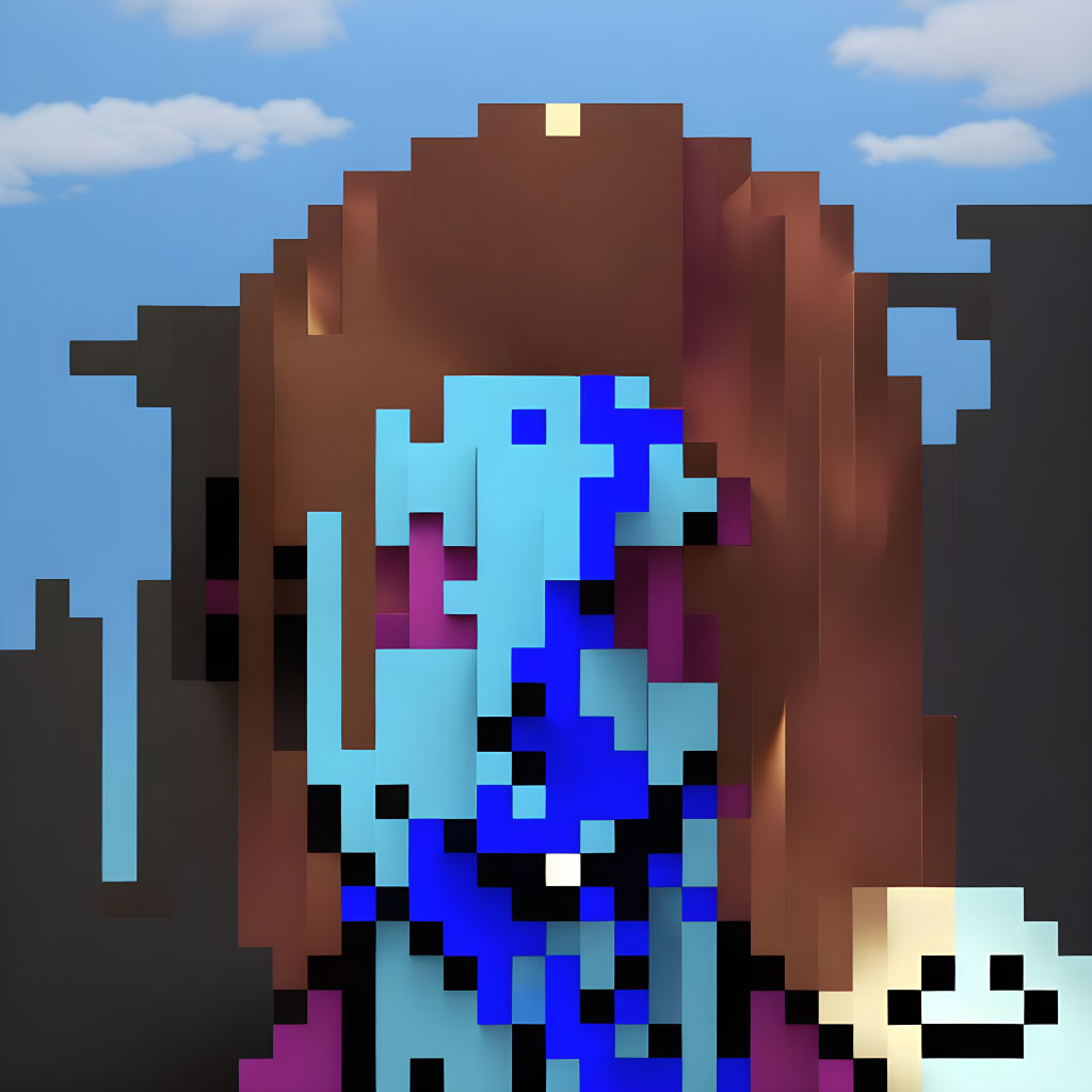 Pixelated blue-skinned person with brown hair and a white creature against skyline and cloud backdrop