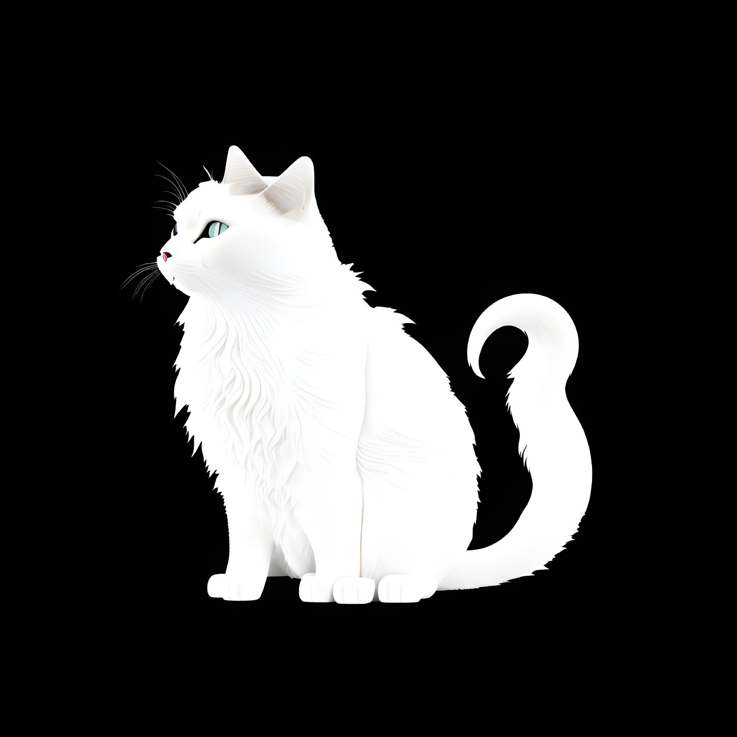 White Fluffy Cat with Green Eyes on Black Background