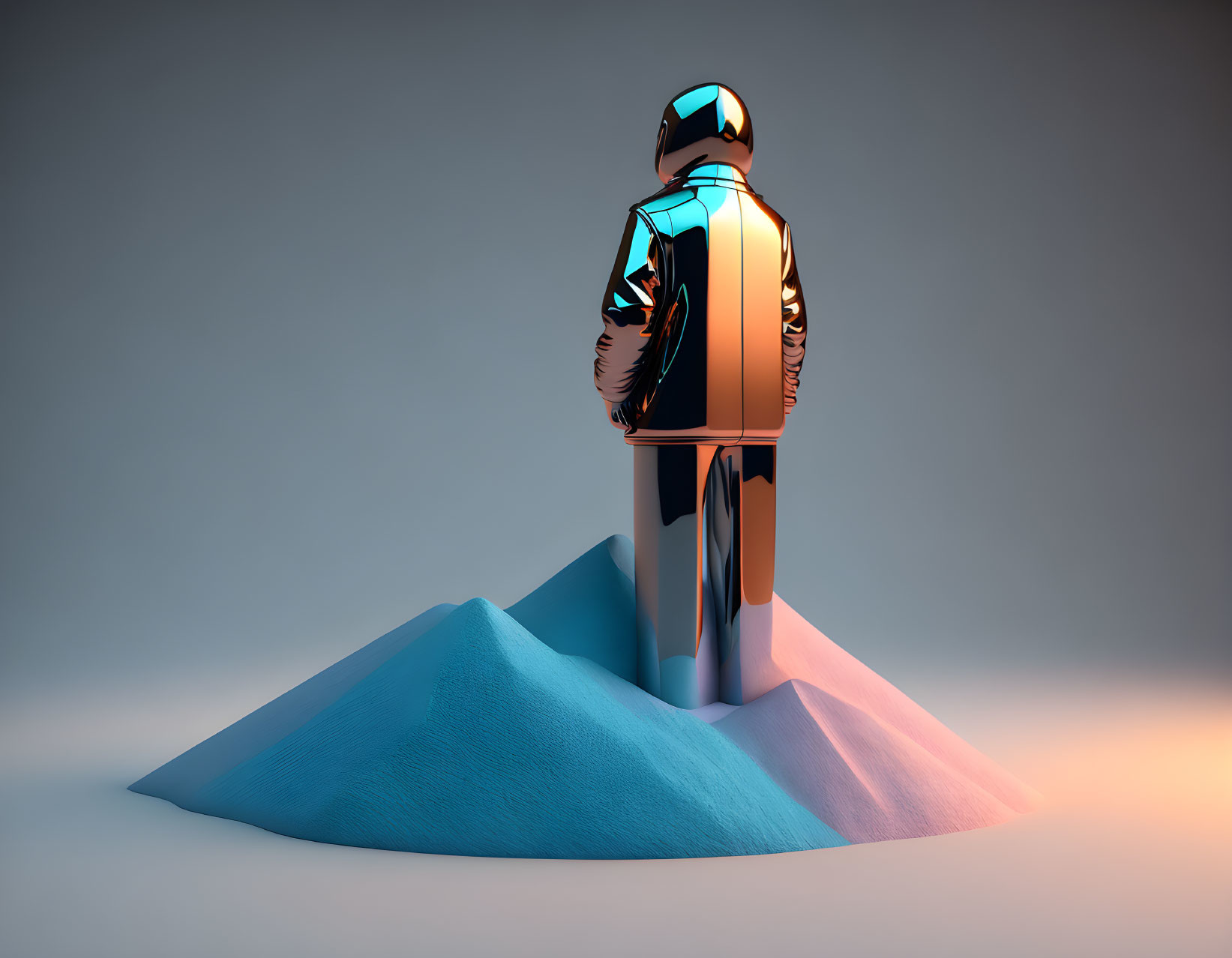 Futuristic astronaut in reflective helmet on blue mound with orange suit