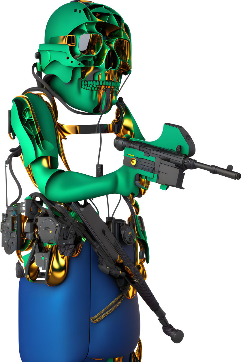 Futuristic robot in green and gold armor with skull-like face and gun