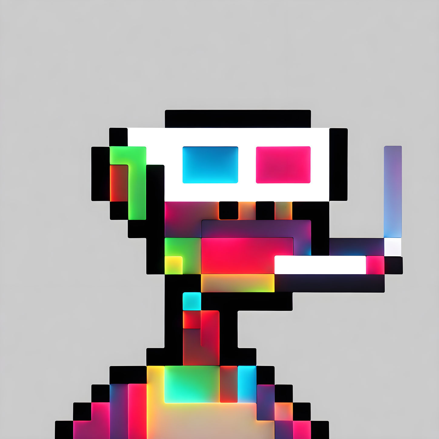 Multicolored glitchy robot pixel art with blue eyes and sword