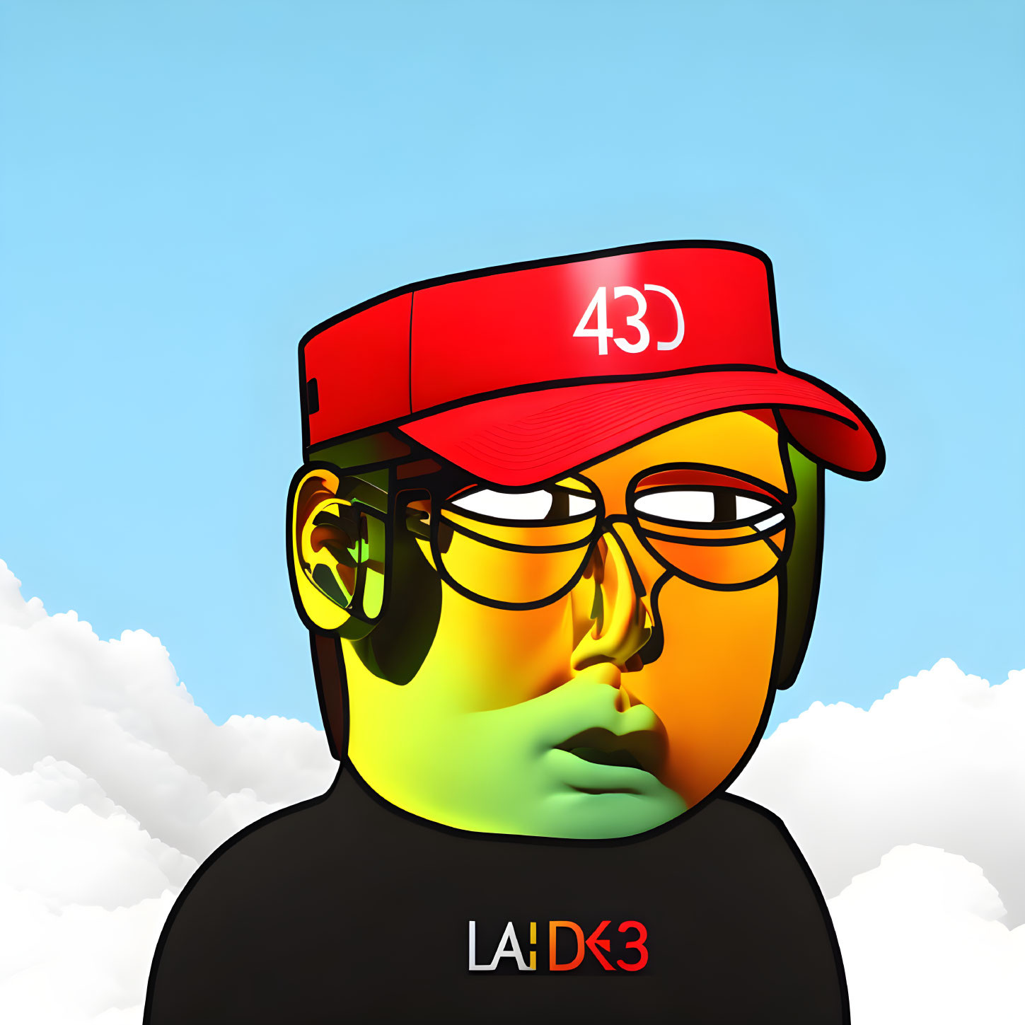 Colorful caricature person in red cap, black t-shirt, yellow glasses against blue sky.