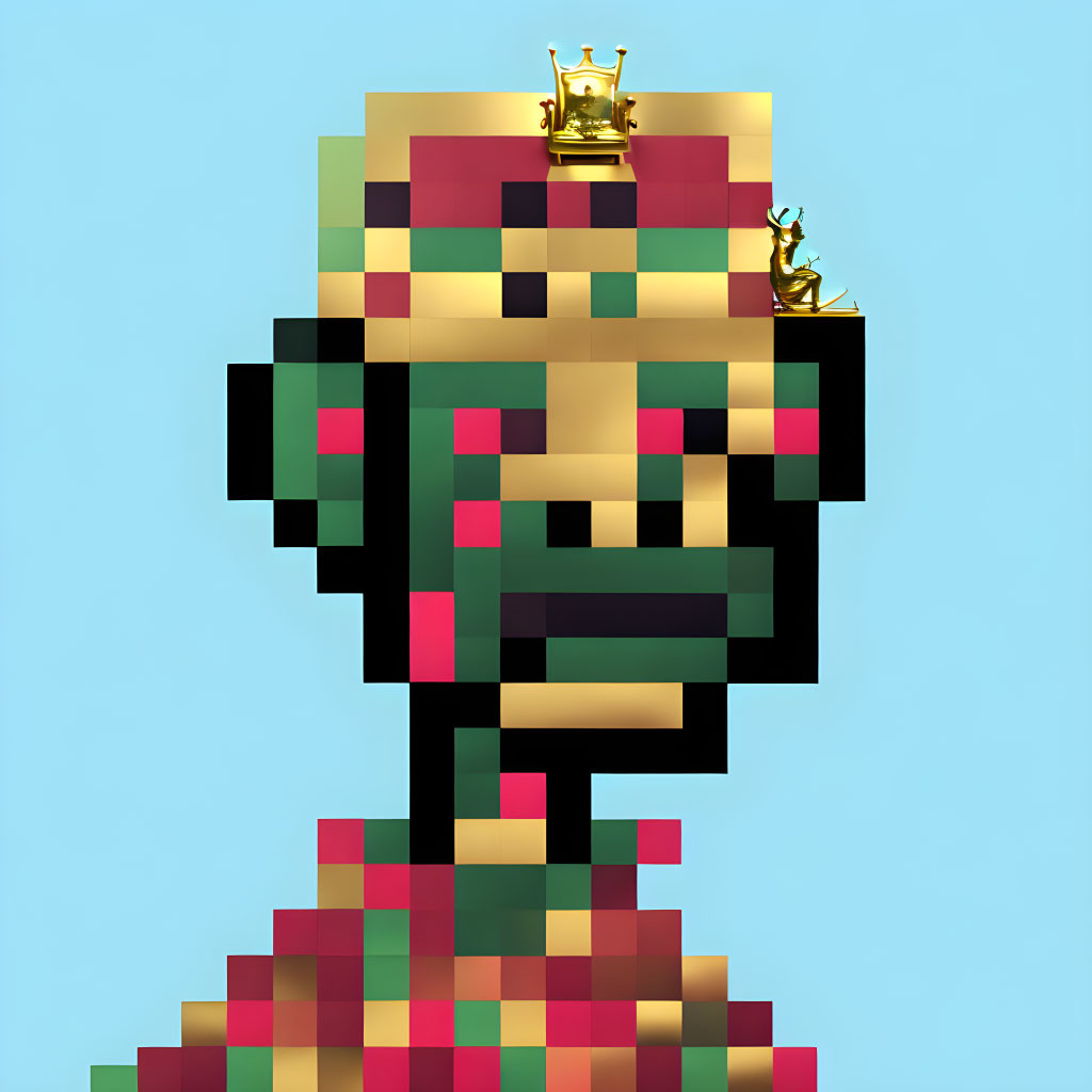 Abstract pixelated portrait with crown and colorful blocks on blue background