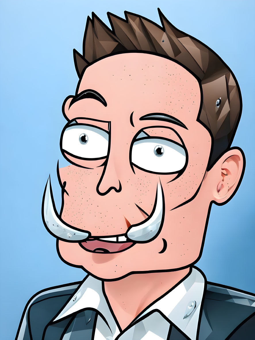 Exaggerated large-eyed man with mustache in cartoon style on blue background