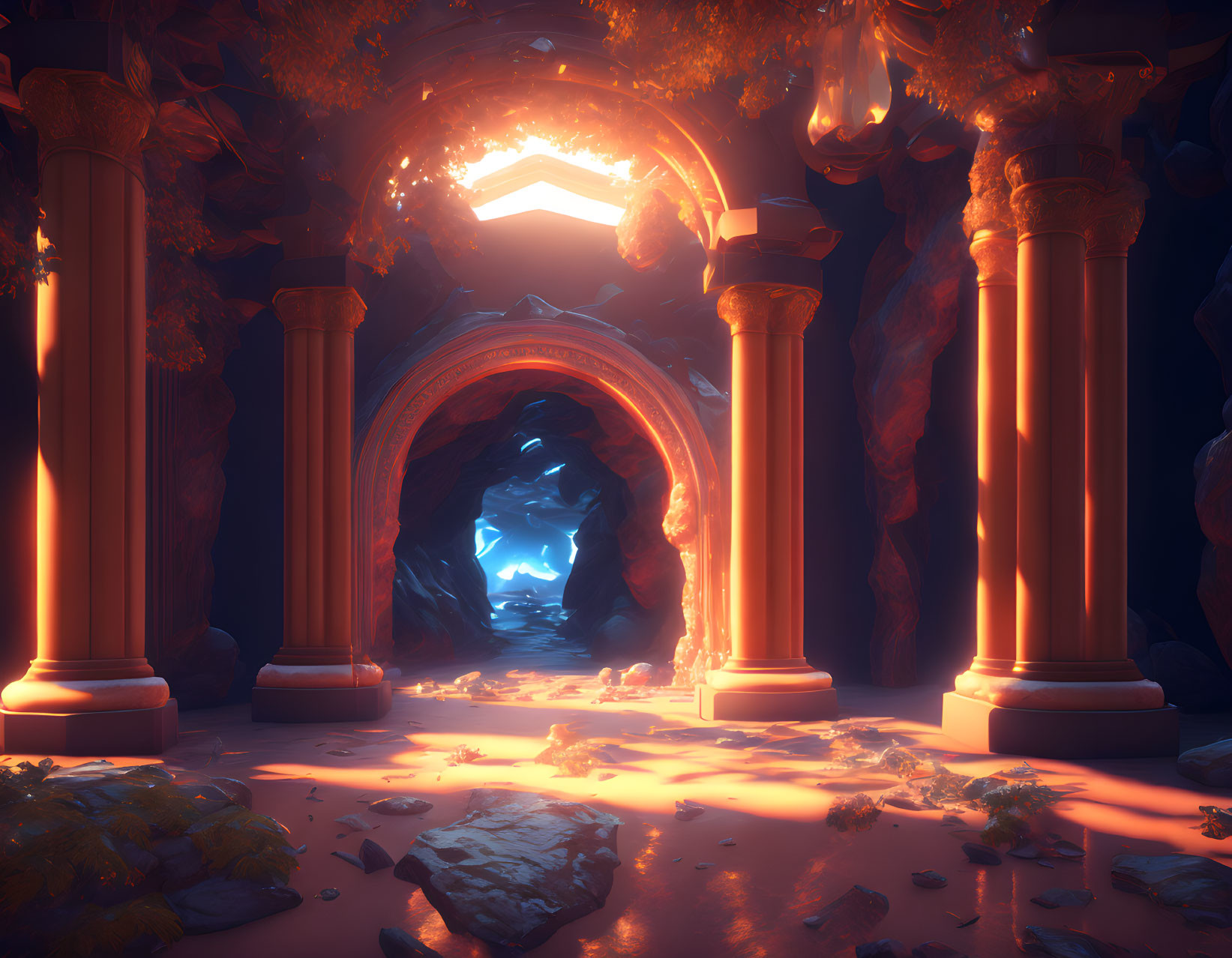 Mystical cave with orange light, classical columns, dark rocky tunnel & blue light