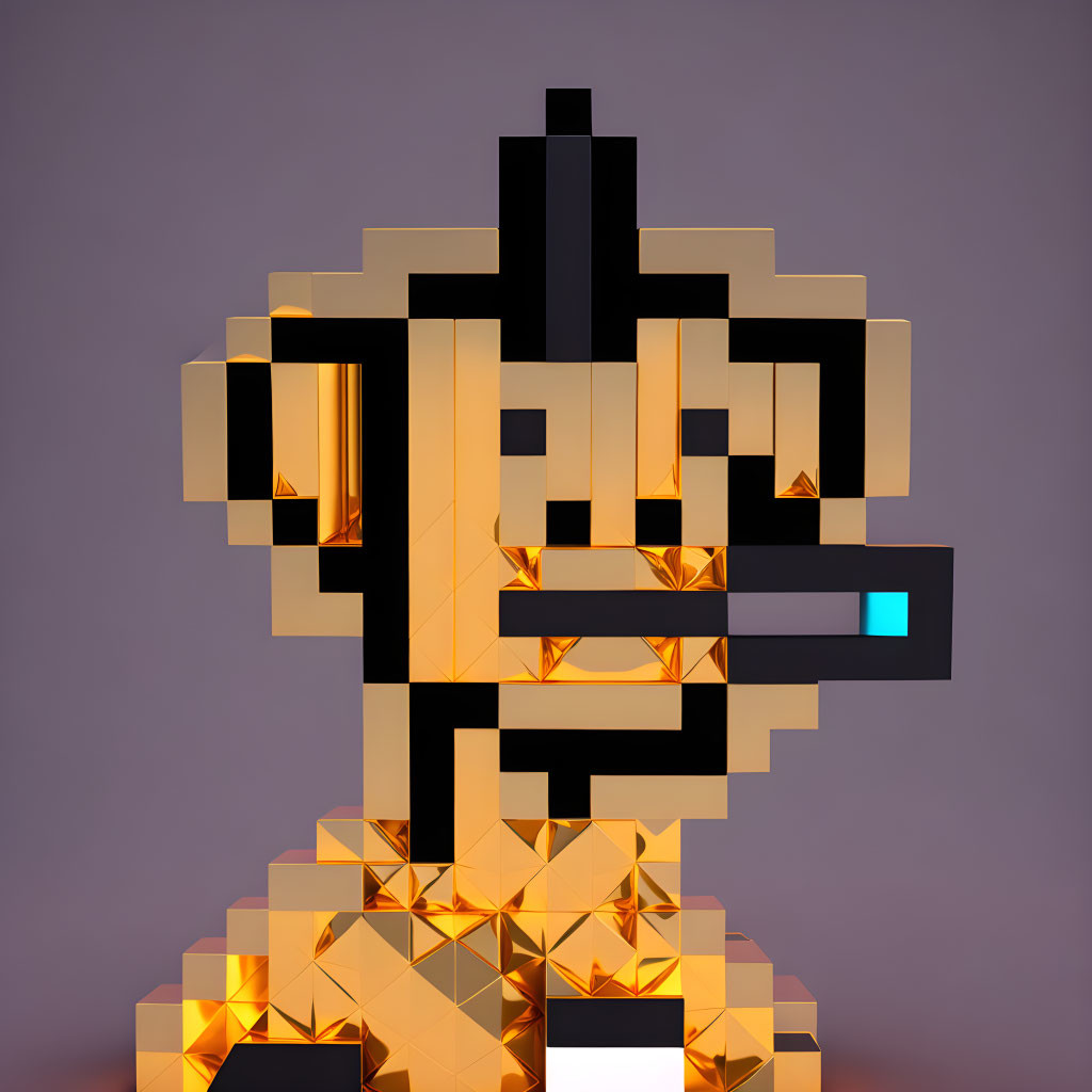 Golden 3D Pixelated Monkey Sculpture with Pipe