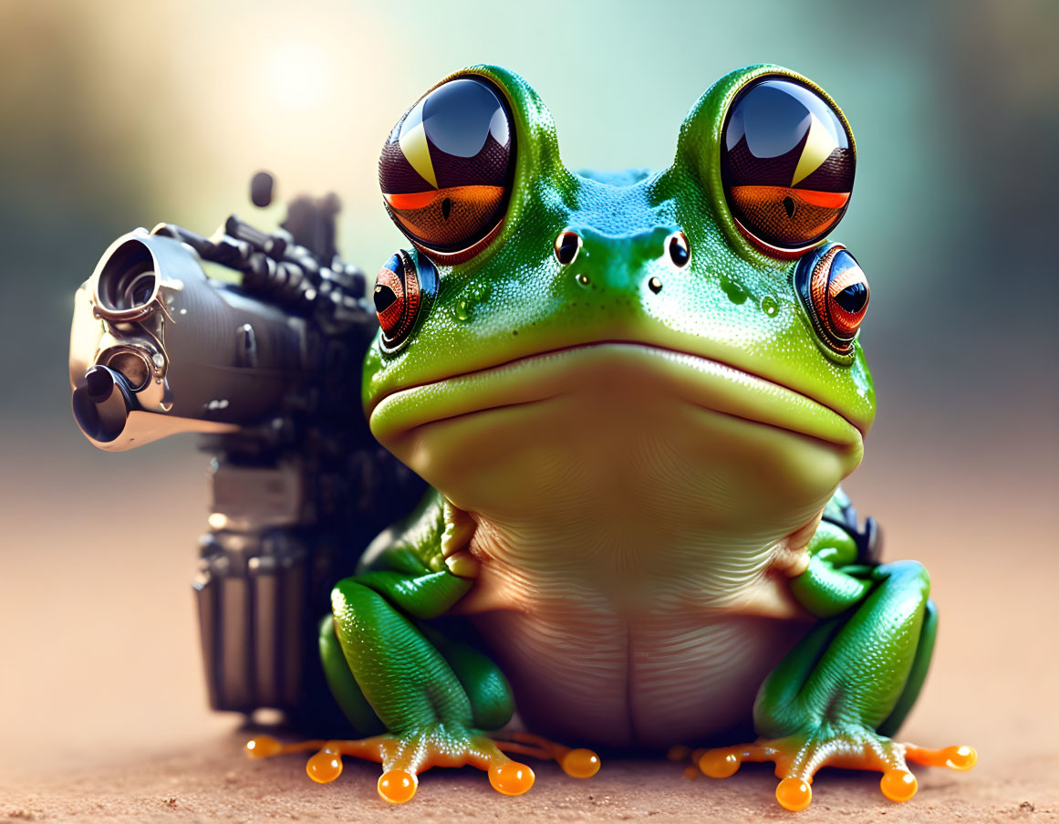 Colorful Frog with Reflective Eyes Next to Miniature Camera