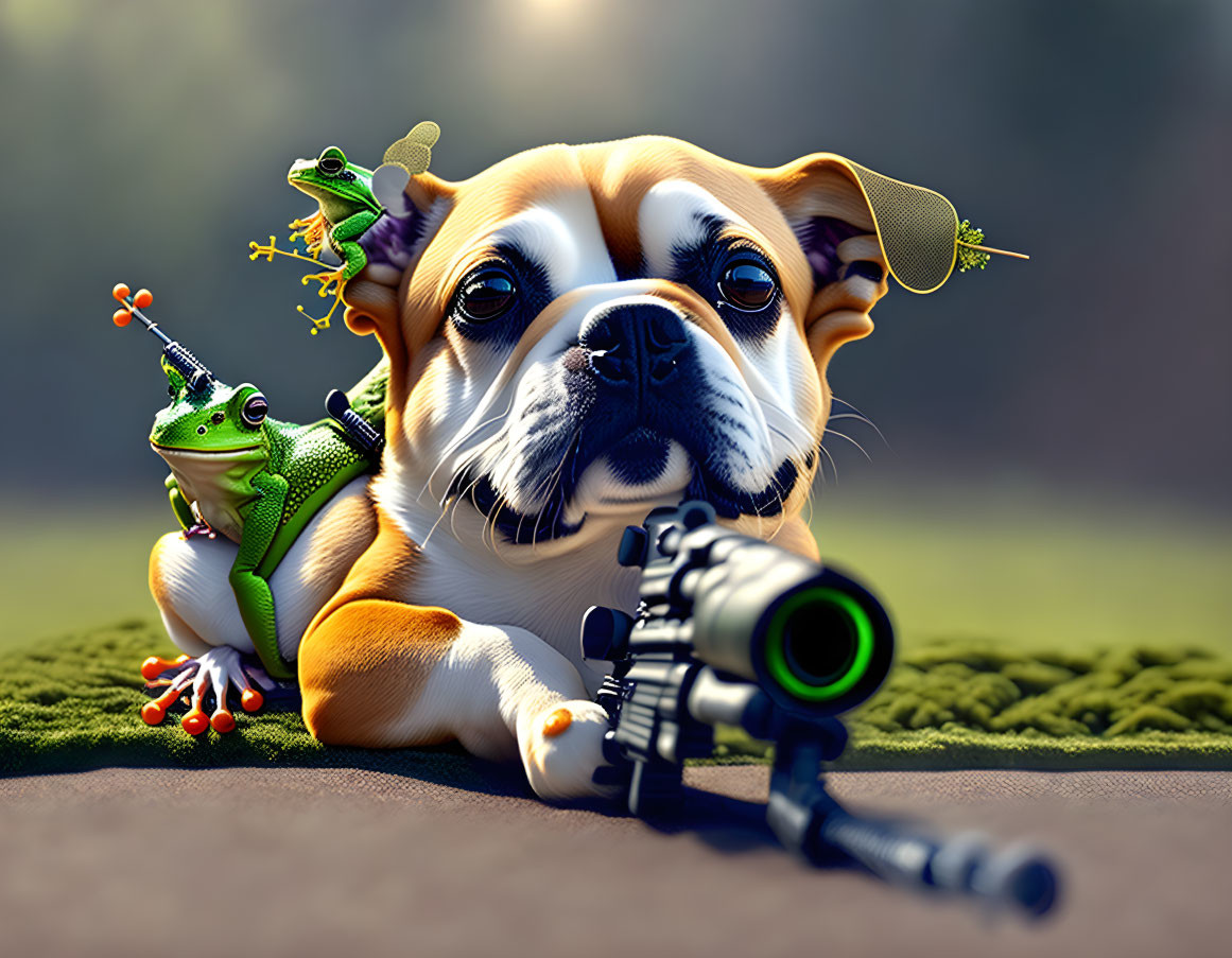 Bulldog with camera and whimsical frogs in butterfly wings