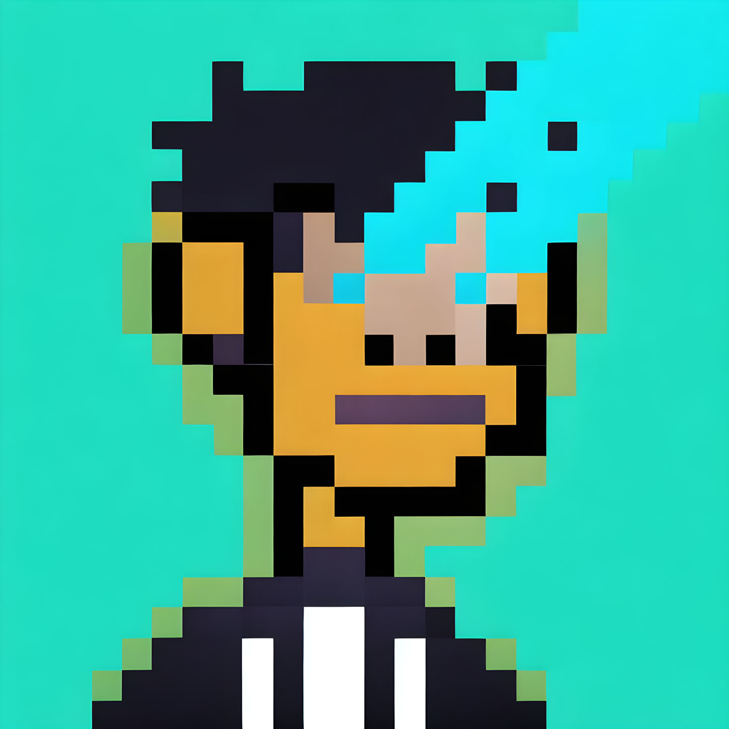 Detailed pixel art portrait of a person with black hair, white goggles, yellow face, black and white