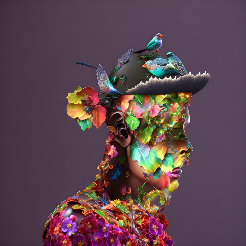 Colorful digital art: Human profile adorned with flowers and birds