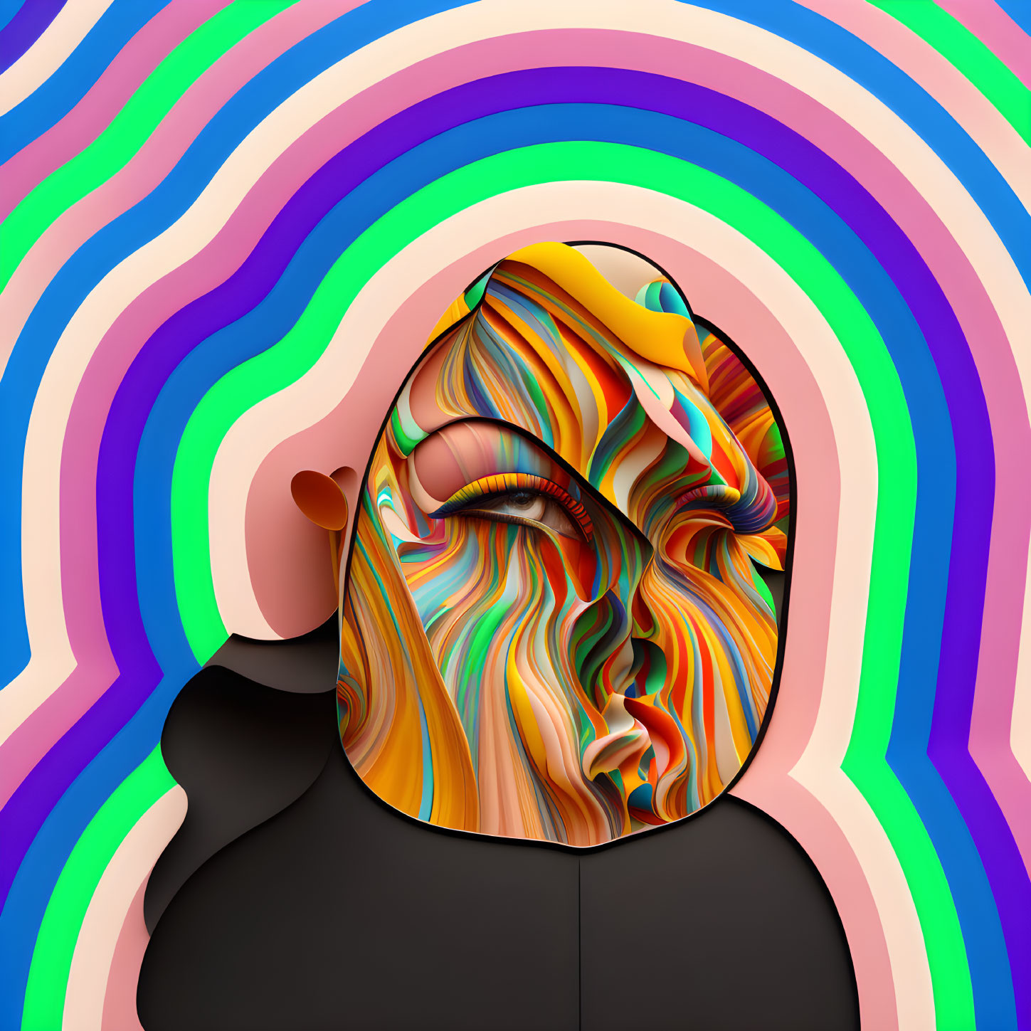 Vibrant digital artwork: Abstract face with swirling patterns on rainbow backdrop