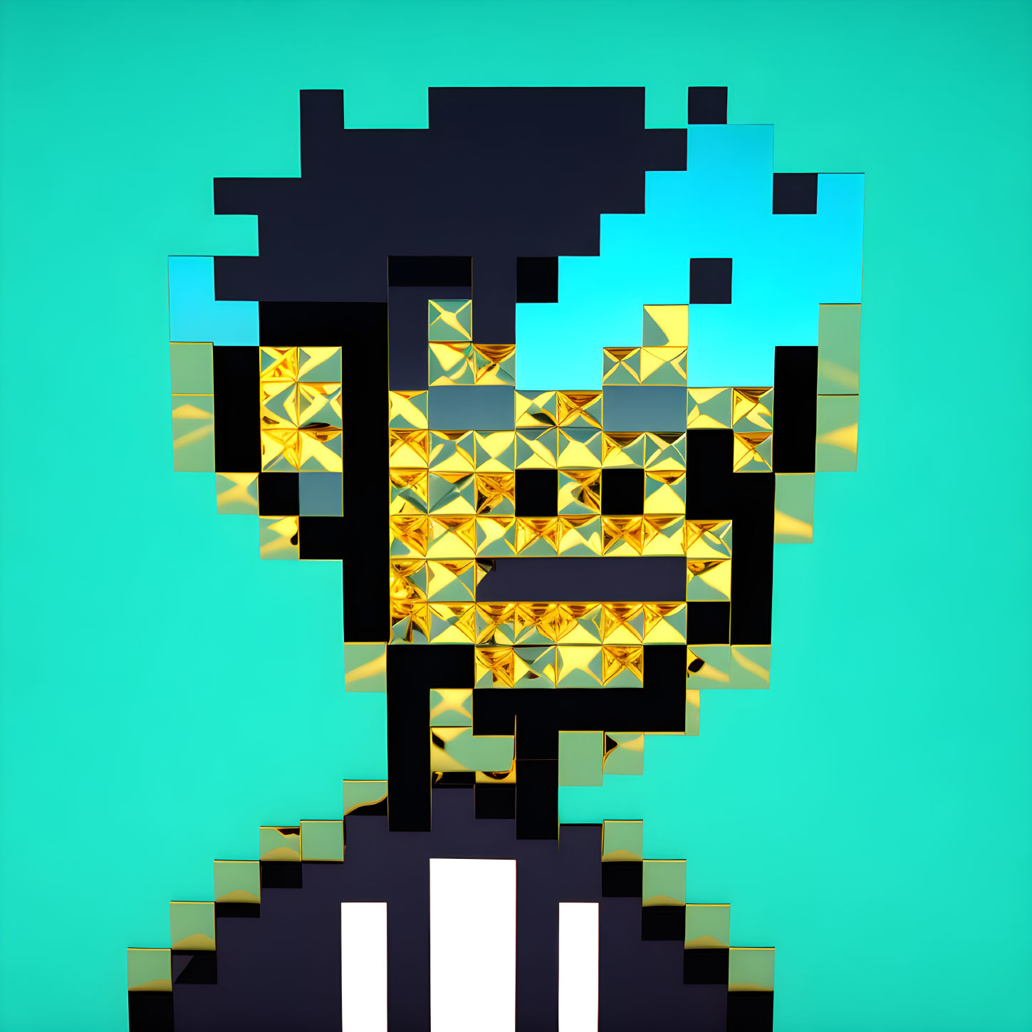 3D trophy in blue and gold pixel art on teal background