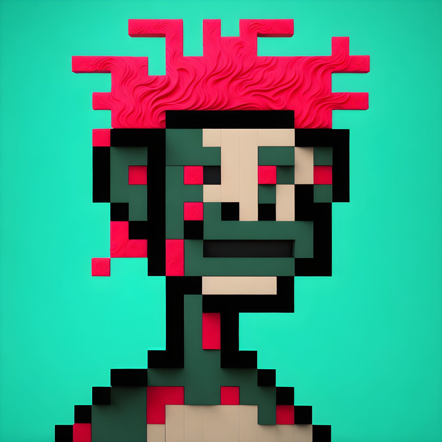 Geometric character pixel art portrait on green background with pink and red hair