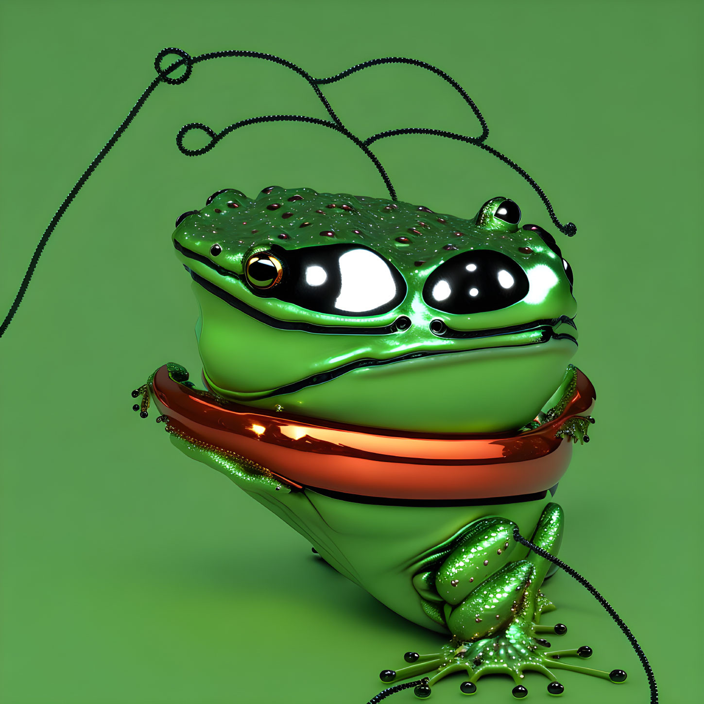 Green Frog with Shiny Skin and Orange Headphones on Green Background