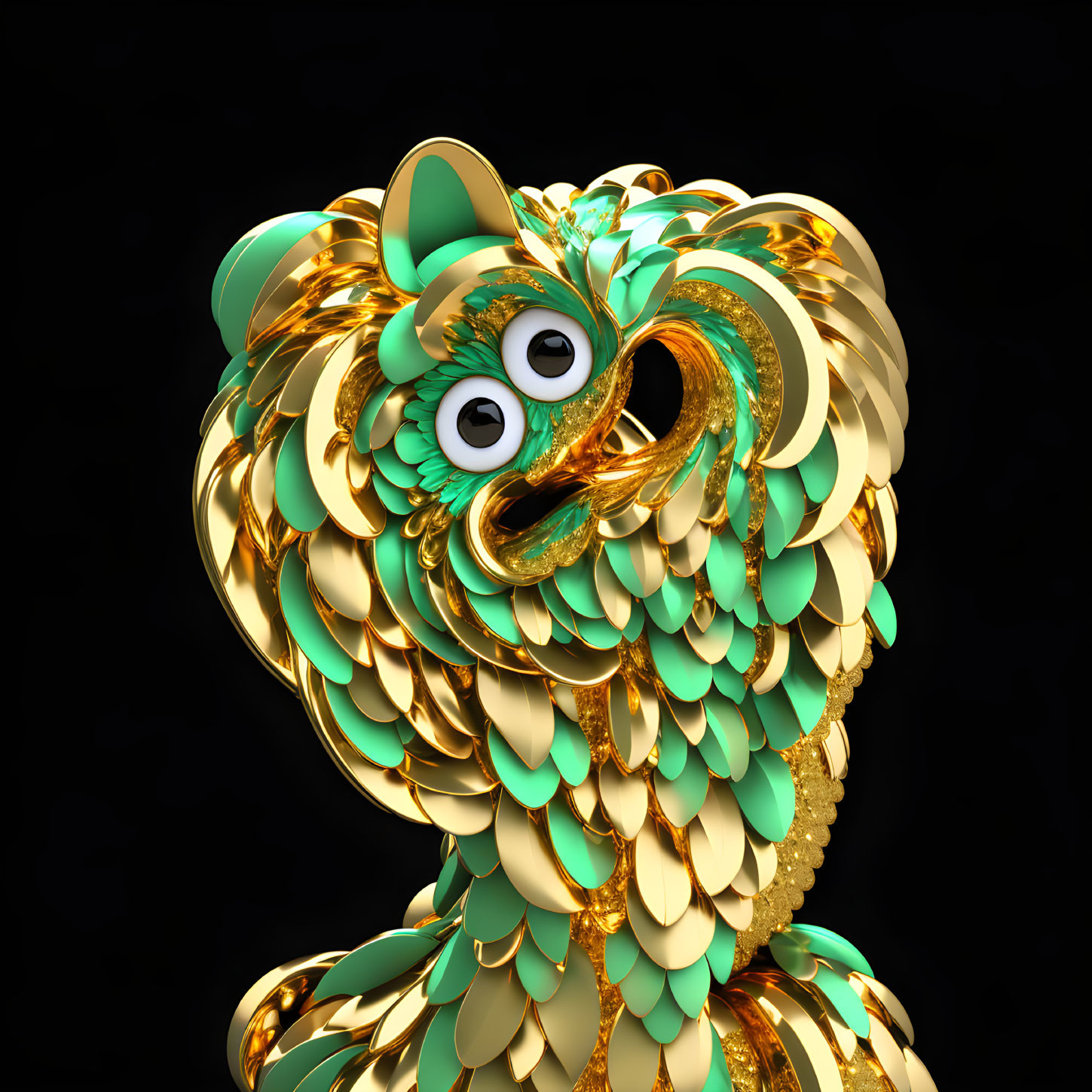 Stylized whimsical creature with gold and teal scales & expressive eyes