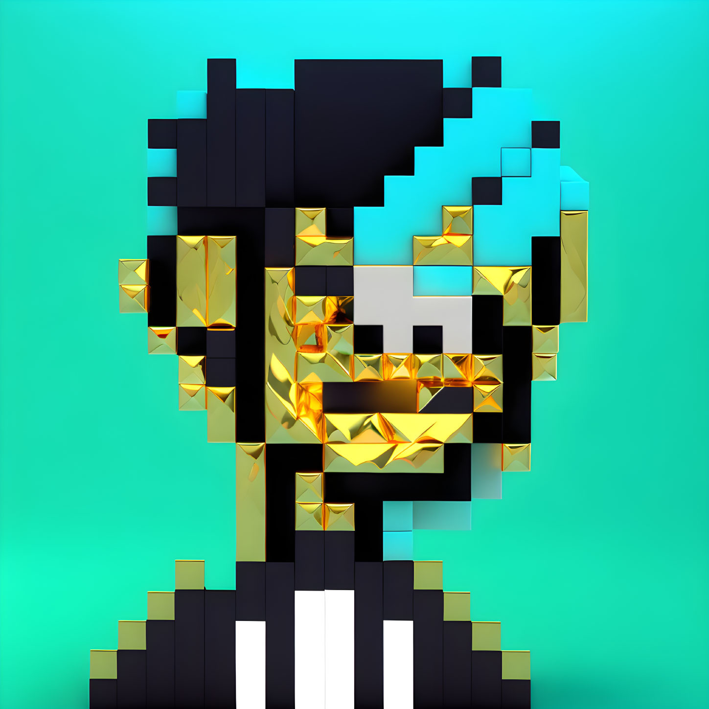 Pixelated character with black hair and golden accents on teal background