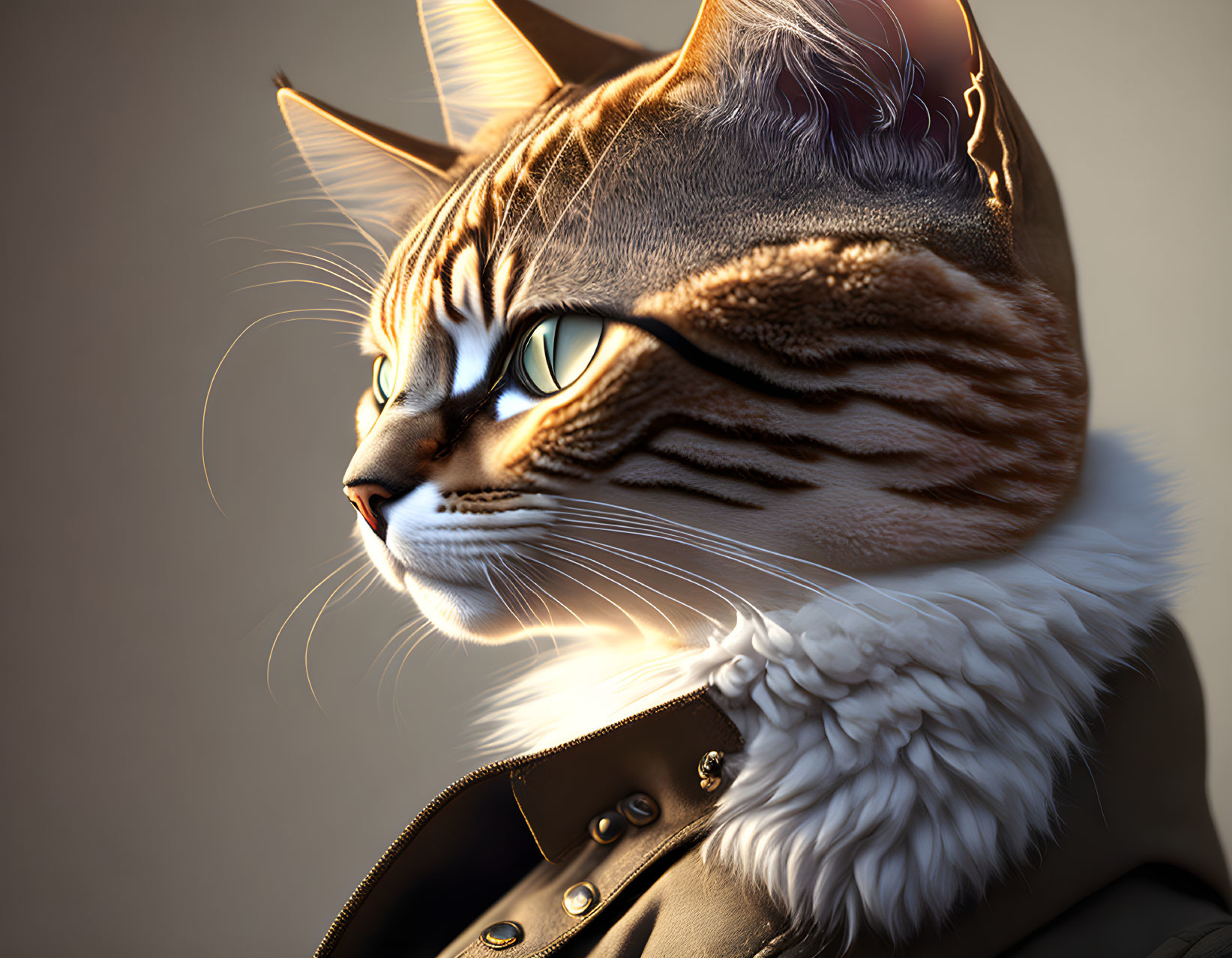 Detailed digital artwork: Cat in military attire with intricate fur.