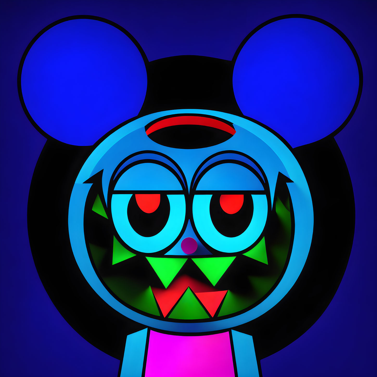 Digital artwork: Stylized character with mouse ears, red eyes, green face, sharp teeth,