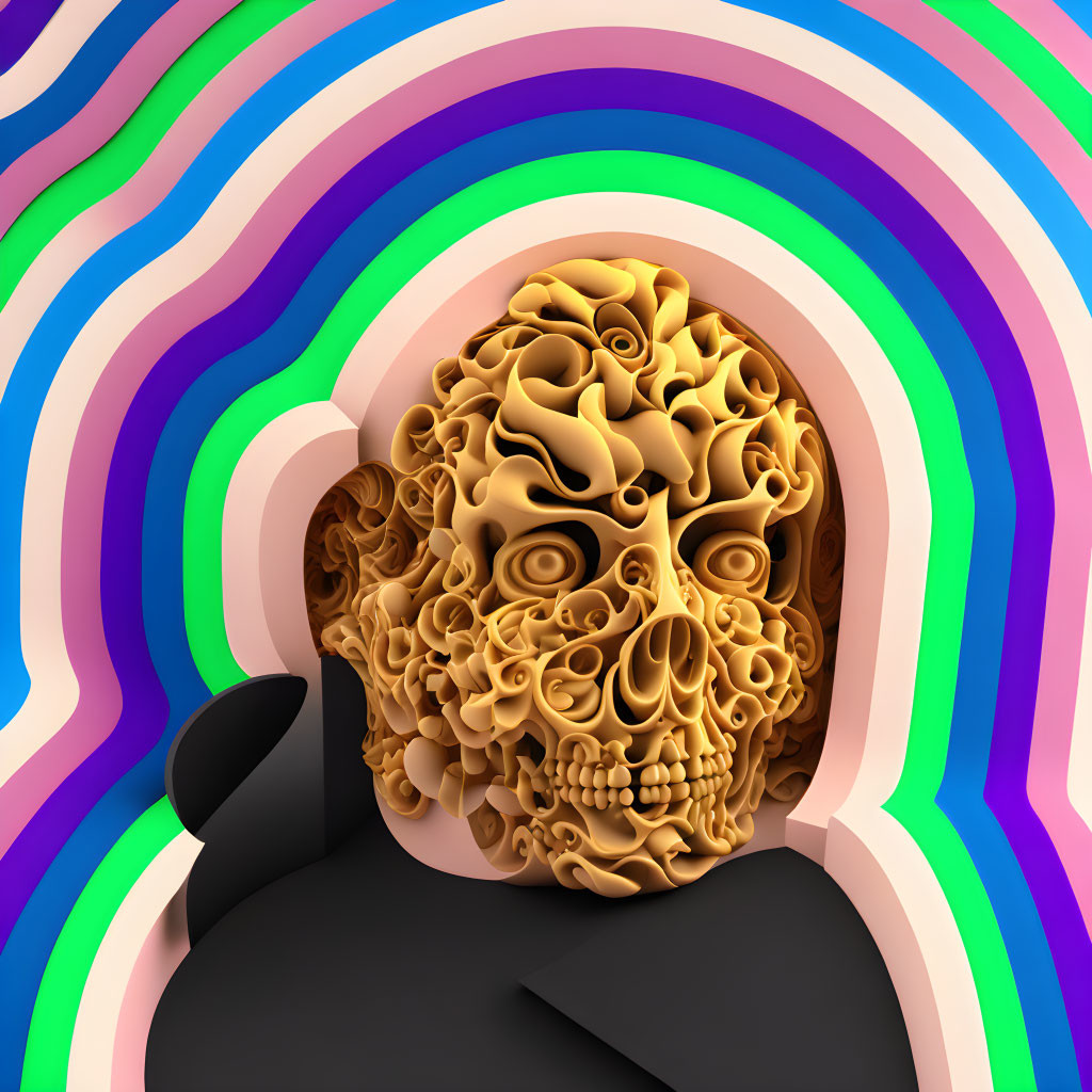 Colorful Surreal 3D Skull Illustration with Abstract Shapes