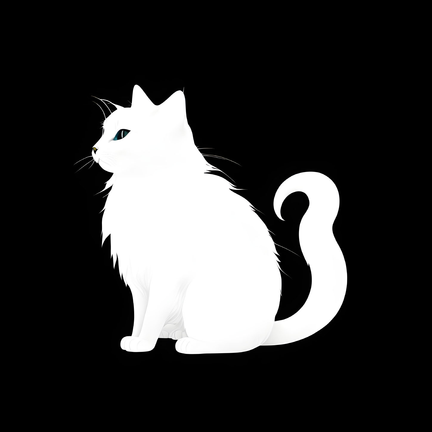 White Cat Digital Illustration with Green Eyes on Black Background