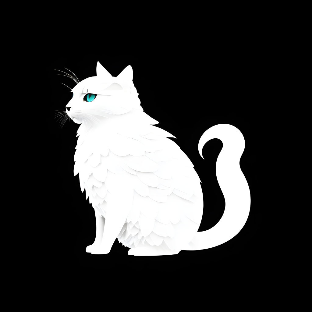 Fluffy white cat with blue eyes on black background