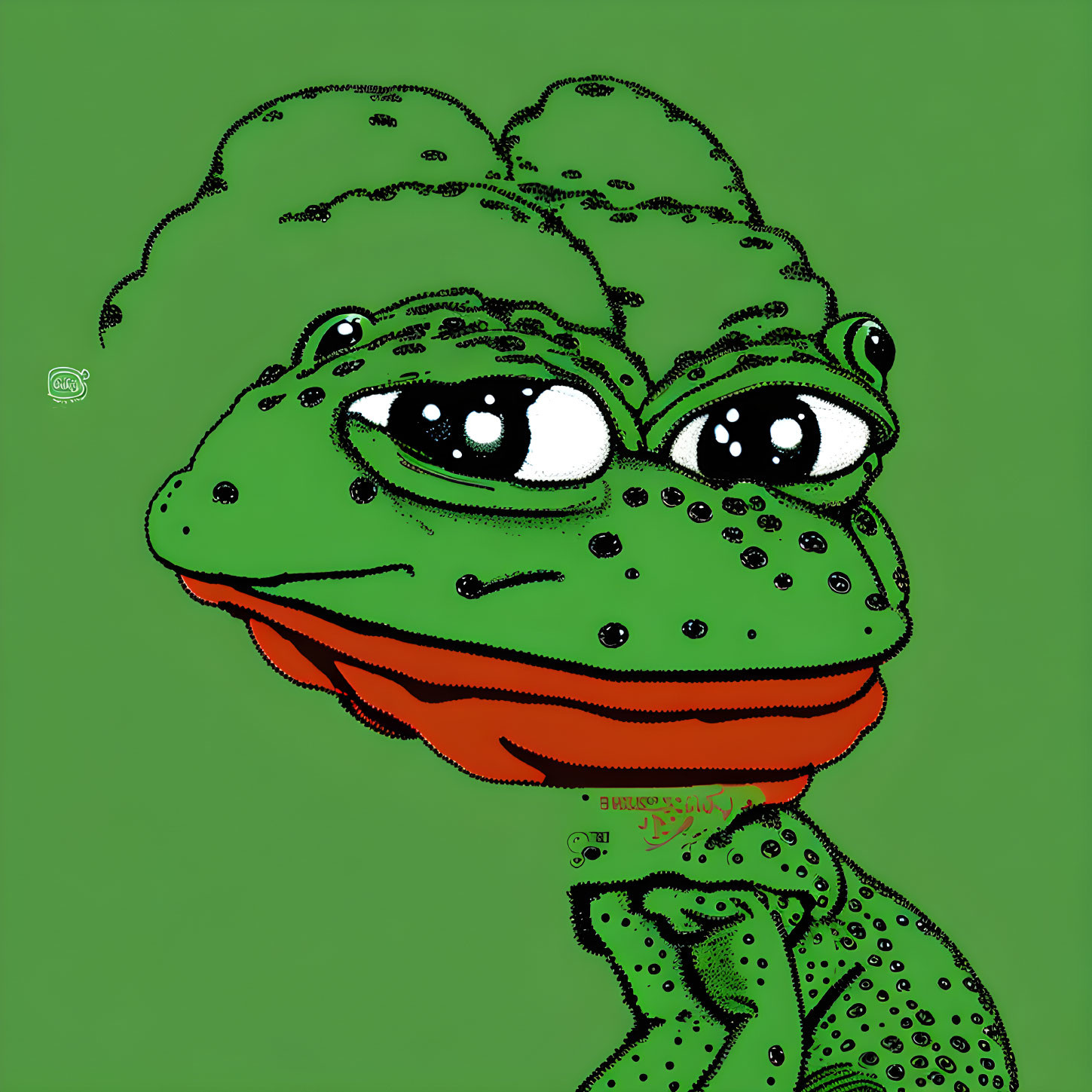 Anthropomorphic frog illustration with smug expression on lime green background