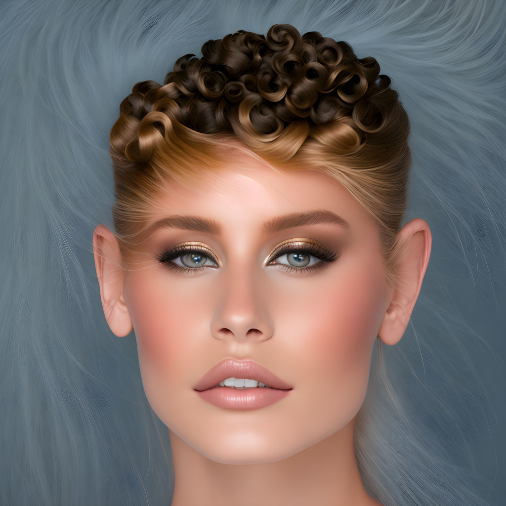 Digital illustration of woman with curly updo, blue eyes, subtle makeup on grey background